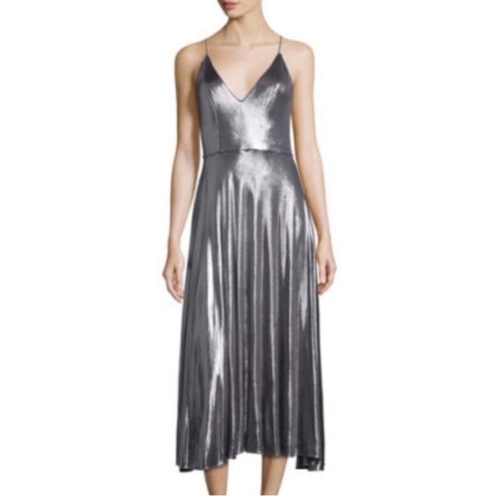 Halston Heritage Metallic Dress Midi Sleevless Size 4 Cocktial Party V Neck